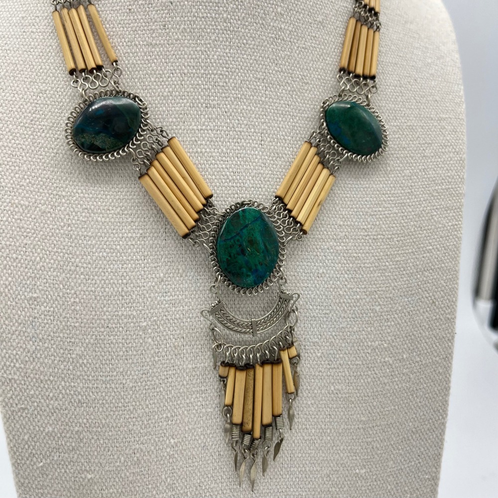 Vintage Statement Necklace Green Stone Silver Tone Bamboo Tribal‎ Boho Bohemian - Picture 4 of 8